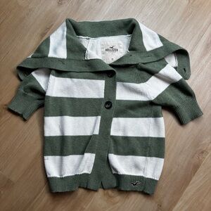Hollister Green and White Striped Cardigan